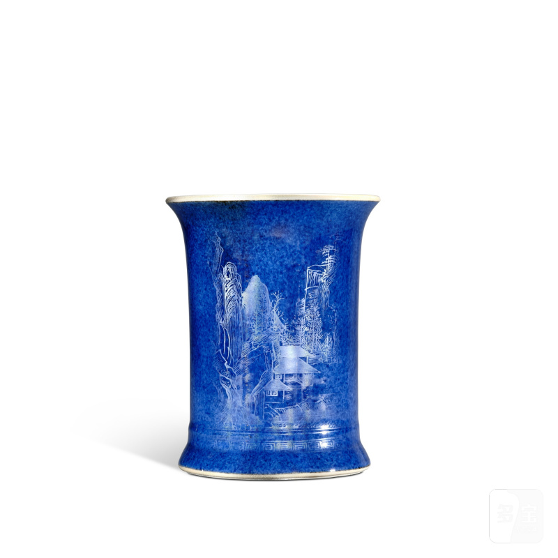 An inscribed blue-ground gilt-painted 'landscape' brushpot, Qing dynasty, 19th century | 清十九世紀 藍地描金詩文山水圖筆筒